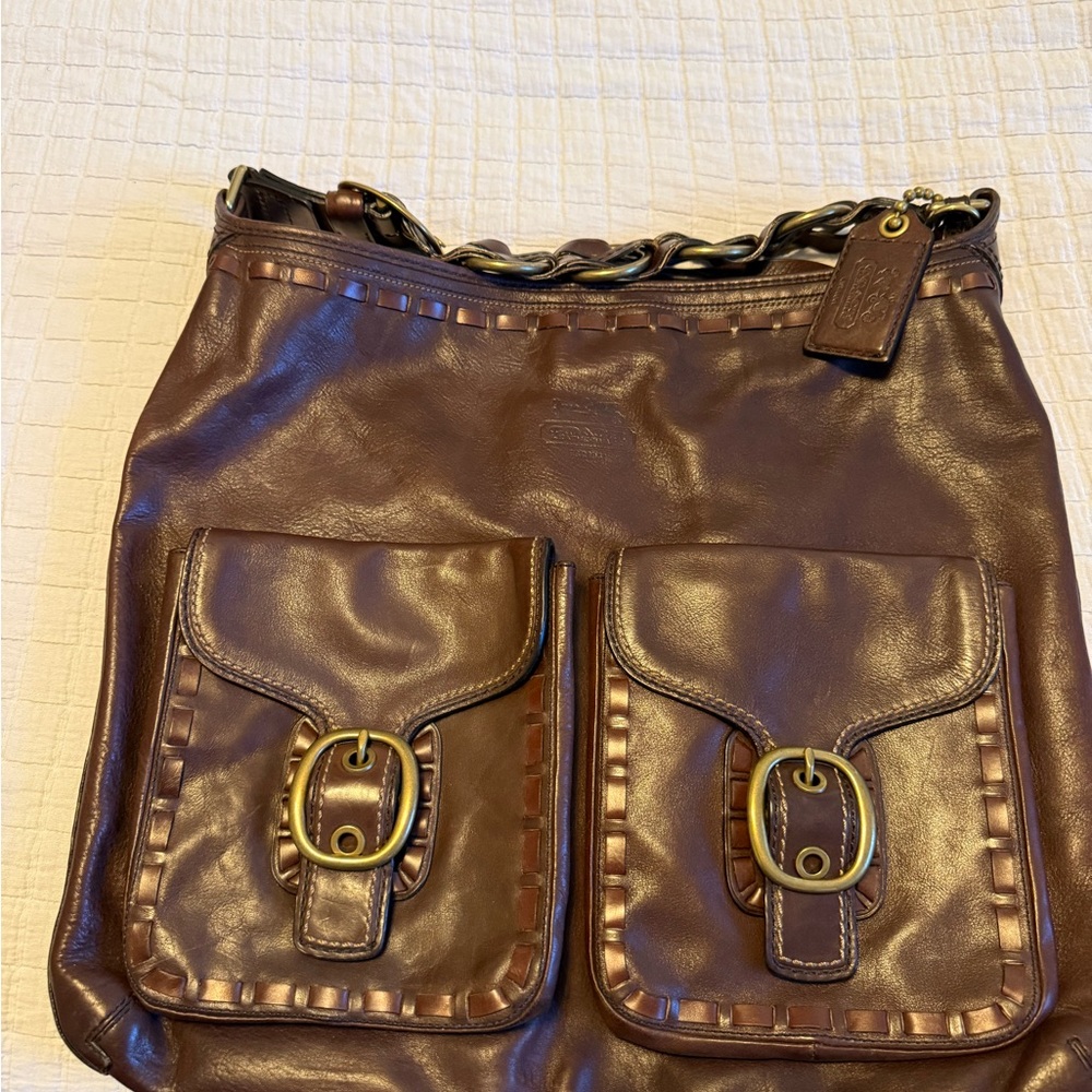 Brown Leather Bag with Front Pockets
